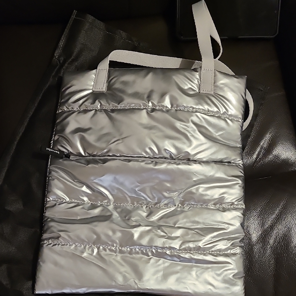 Silver Quilted Tote Bag with White Straps